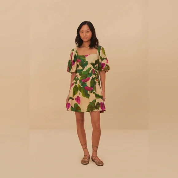 FARM Rio Anthurium Leaves Linen Blend Short-Sleeve Square-Neck Dress sz M NWT - Picture 2 of 4